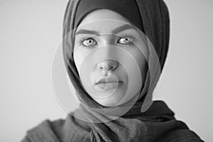 Beautiful Muslim woman, black and white portrait