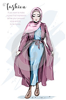 Beautiful Muslim Woman Wearing Hijab. Fashion arabian woman. Stylish lady. Sketch.