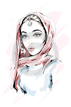 Beautiful Muslim Woman Wearing Hijab. Fashion woman portrait. Stylish lady. Sketch.