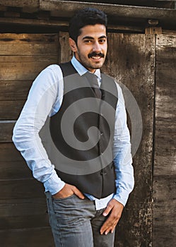 Beautiful mustache young man have fun outdoor