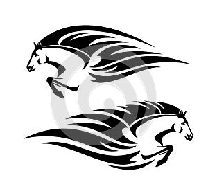 Mustang horse lunging forward black and white vector head and legs outline with tribal flames decor