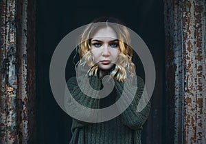 A mysterious blonde woman in a vintage sweater with a sad look stands in the doorway of an old abandoned creepy house. Horror and