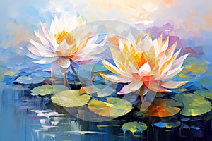 Beautiful mysterious fantastic lotus flower. Oil painting in impressionism style