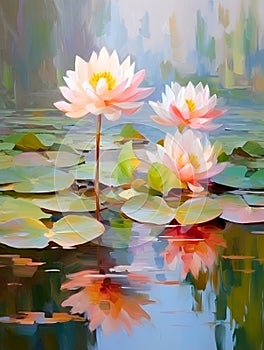 Beautiful mysterious fantastic lotus flower. Oil painting in impressionism style