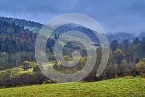 A beautiful mysterious view of the forest in the Bieszczady mountains Poland on a misty autumn day