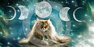 Beautiful mystic cat with Moon and stars in artistic mystical style