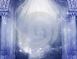 Beautiful mystic magic fantasy gate with white rays of angelic light photo