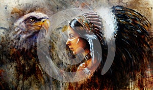 Beautiful mystic painting of a young indian woman with eagle and feather headdress, profile portrait, abstract background