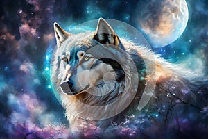 Beautiful mystic spiritual magic wolf with cosmic background