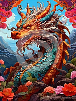 A beautiful mythical green dragon, chinese zodiac, with flowers arounds, in bold painting, psychedelic graohic design, animal art