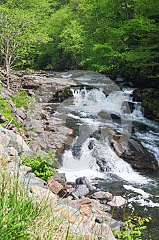 The beautiful Nantahala River meandering along Wayah Road with numerous cascades and waterfalls in North Carolina