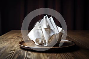 beautiful napkin, folded into elegant origami shape, on a wooden table