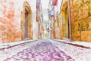 Beautiful narrow alley in the old town of spain, watercolor pain