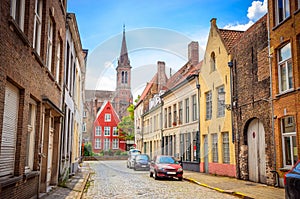 Beautiful narrow streets and traditional houses in the old town of Bruges Brugge, Belgium