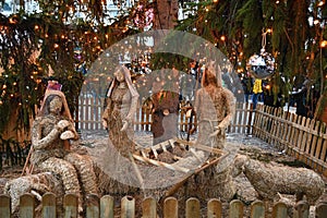 Beautiful nativity scene with baby Jesus. Traditional Christmas background of Christian holidays