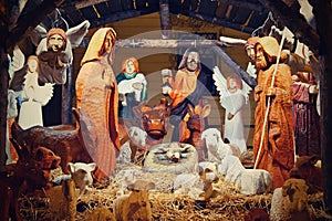 Beautiful nativity scene with baby Jesus. Traditional Christmas background of Christian holidays