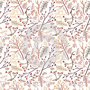 Beautiful natural autumn branches, leaves and flowers seamless pattern, romantic floral fall background, great for seasonal