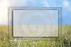 Beautiful natural background with frame and empty place for text, copy space. Green meadow, grass and blue sky, blurred natural
