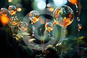 beautiful natural background with summer and soap bubbles brightly shimmer and fly