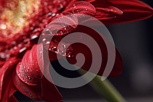 Beautiful natural background. Summer, spring concepts. Abstract of a red Gerber daisy macro with water droplets on the petals