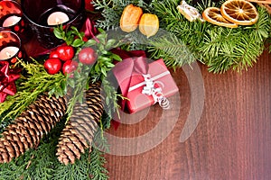 Beautiful natural christmas decoration with spruce cone and branch on the table stock images