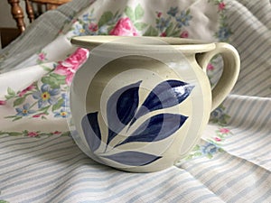 Beautiful Natural Clay Hand Thrown Pottery Jug with Cobalt Blue Botanical Design