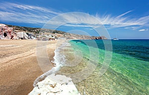 Beautiful natural colors of Firiplaka beach, Milos, Greece. Tourism destination in Mediterranean Sea