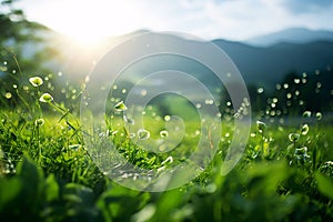 Beautiful natural countryside landscape. Green hills and Blooming wild high grass in nature at sunset warm summer. Pastoral