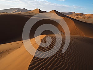 Beautiful natural curved ridge line and wind blow pattern of rusty red sand dune with shade and shadow on vast desert landscape