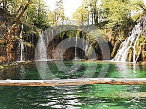 Beautiful natural environment of mountain forest waterfalls in  preserved eco system of Plitvice lakes national park in Croatia,