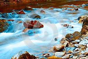 Beautiful natural landscape of fresh source creek stream mountain spring. Relaxation and Freshness natural background