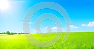 Beautiful natural landscape of a green field with grass against a blue sky with sun. Spring summer blurred background