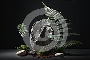 Beautiful natural minimalistic composition with textured stones, fern leaves and moss. Generated by AI