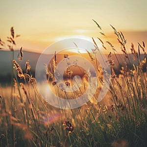 Beautiful natural panorama countryside landscape. Warm summer pastoral scenery with blooming wild high grass at sunset.