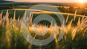 Beautiful natural panoramic rural landscape. Blooming wild tall grass in nature at sunset in warm summer. Pastoral landscapes