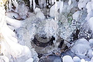 Beautiful natural patterns of frost crystals on grass, leaves and branches hanging on the ice surface of frozen lake