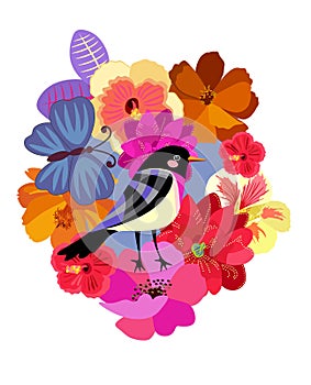 Beautiful natural print. Cute funny abstract bird, big blue butterfly and bright garden flowers in vector photo