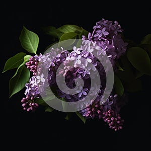 Beautiful natural purple lilac flowers on branches with green leaves, on a dark background