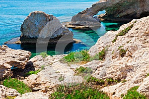 Beautiful natural rock arch near of Ayia Napa, Cavo Greco and Protaras on Cyprus island, Mediterranean Sea. Legendary bridge