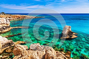 Beautiful natural rock near of Ayia Napa, Cavo Greco and Protaras on Cyprus island, Mediterranean Sea. Amazing blue green sea and photo