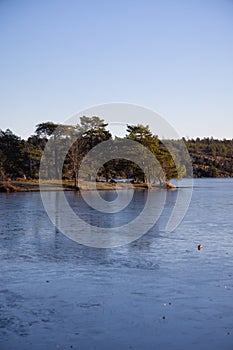 Beautiful natural Scandinavian landscape. Frozen lake with forest and stones at the shore line. Sunny late autumn or winter day in