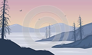 The beautiful natural scenery of sunrise in the morning in the river bank. Vector illustration