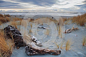 Beautiful natural sun set sea scape at hokitika beach south isla