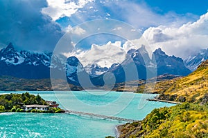 Beautiful natural view of Lake Pehoe and Cuerno del Paine Mountains photo