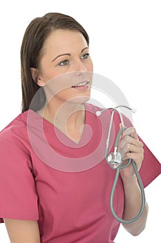 Beautiful Natural Young Female Doctor Holding A Stethoscope
