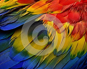 Beautiful nature background, close up details texture of Scarlet macaw parrot bird feathers