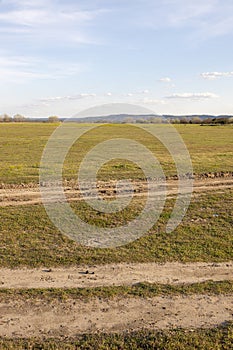 Beautiful nature dirt road with grass and sunny day with blue sky