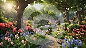 Beautiful nature garden illustration with sunlight, water, mountains and clouds