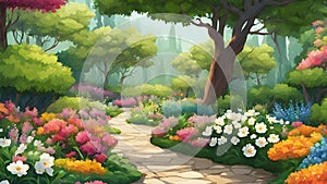 Beautiful nature garden illustration with sunlight, water, mountains and clouds