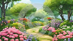 Beautiful nature garden illustration with sunlight, water, mountains and clouds